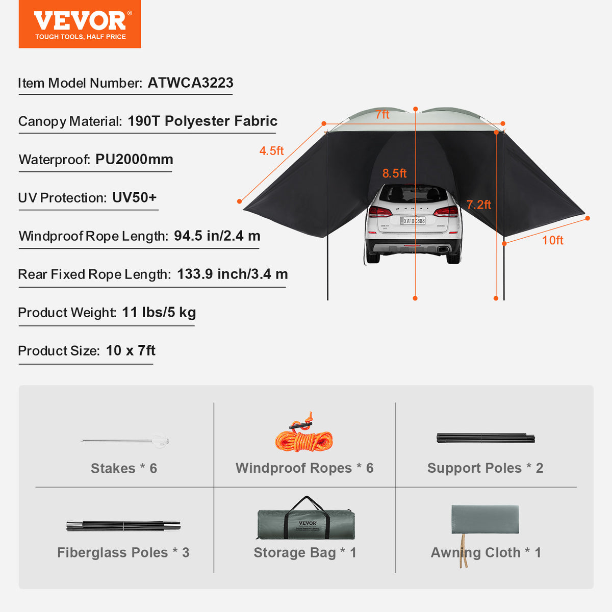 10x7ft Portable Car Side Awning with UV Protection Waterproof & Windproof