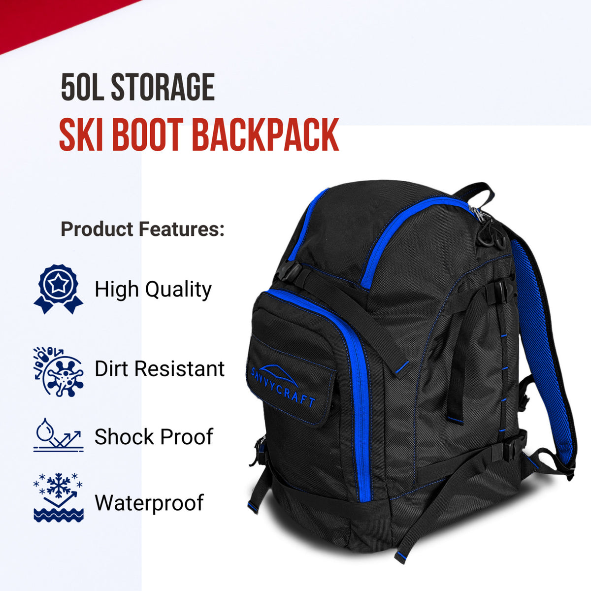 50L Ski Snowboard Boot Backpack Waterproof Gear Bag with Helmet Gloves & Goggles Storage