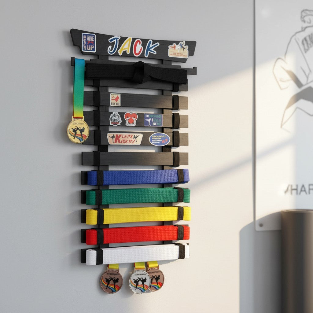 Personalized Martial Arts Belt Display Rack with 10 Belt Capacity and Sticker Set