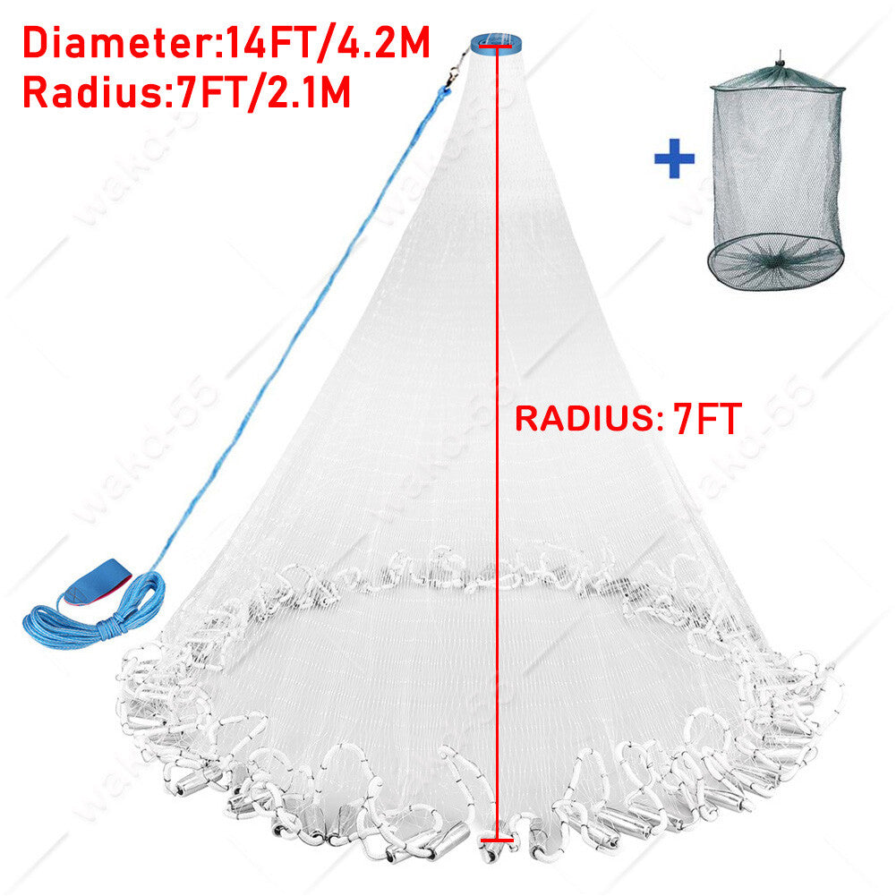 Heavy Duty Fishing Cast Net 6-16FT for Bait & Catching Fish - Durable Nylon Mesh