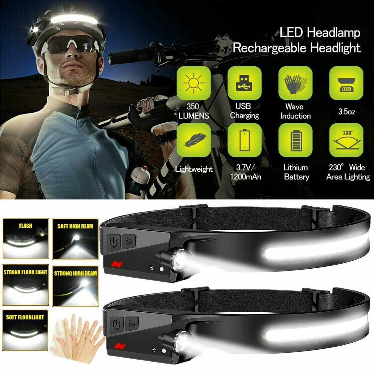 Rechargeable LED Headlamp Waterproof USB Cycling Headlight Multi-Use