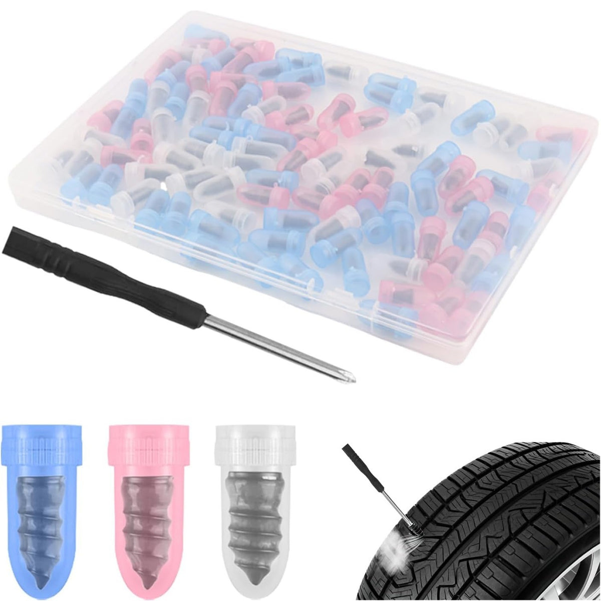 Car Tire Repair Kit with 100 Rubber Plugs & Screwdriver for Tubeless Tires