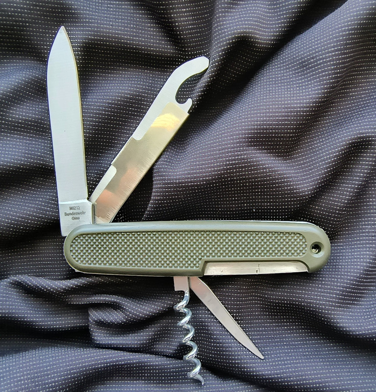 German Military Folding Pocket Knife with 5 Tools and Olive Drab Handle