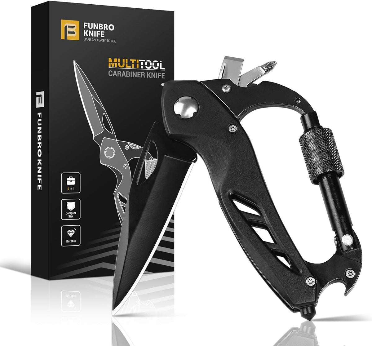 6-in-1 Multitool Carabiner with Pocket Knife, Emergency Glass Breaker, Gift for Men
