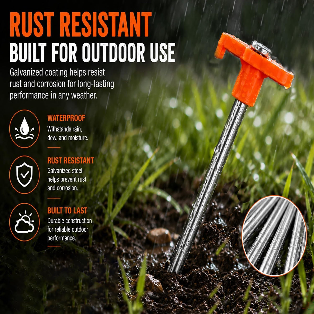 Heavy Duty Galvanized Steel Tent Stakes - Rust Resistant, 7.1 Inch, Bright Orange T-Head, Pack of 10 or 20
