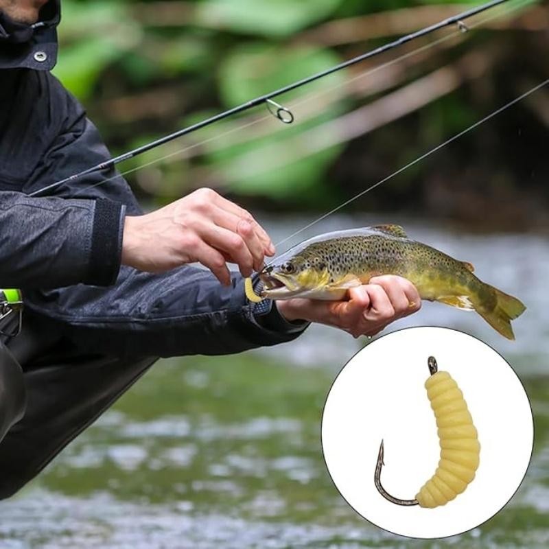 Rubber Maggots Fishing Lures Set with Hooks for Bass Trout Crappie Bluegill - Multiple Sizes