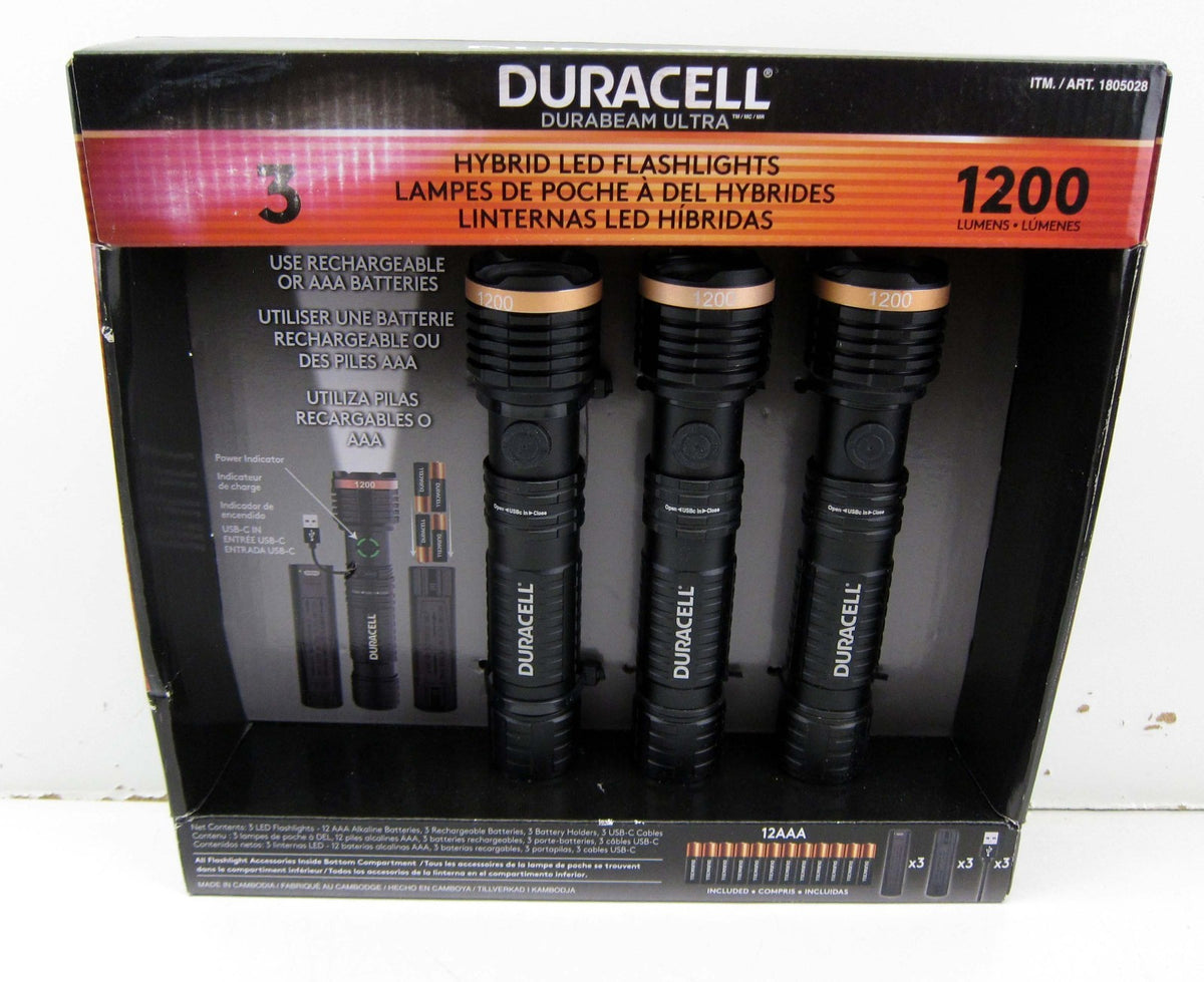 Rechargeable LED Flashlight 1200 Lumens 3 Pack - Hybrid Battery or Battery Operated