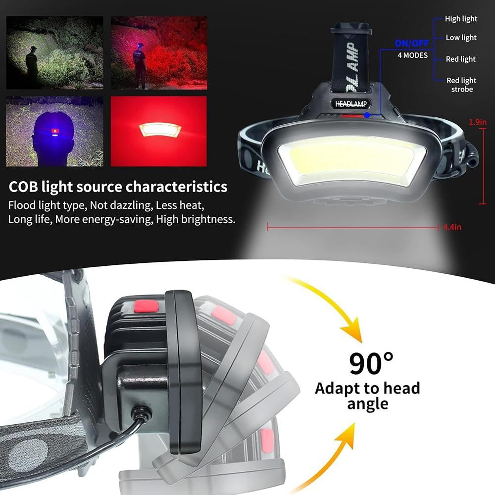 9900000LM Rechargeable LED Headlamp with Red White Light Modes, Waterproof, Adjustable
