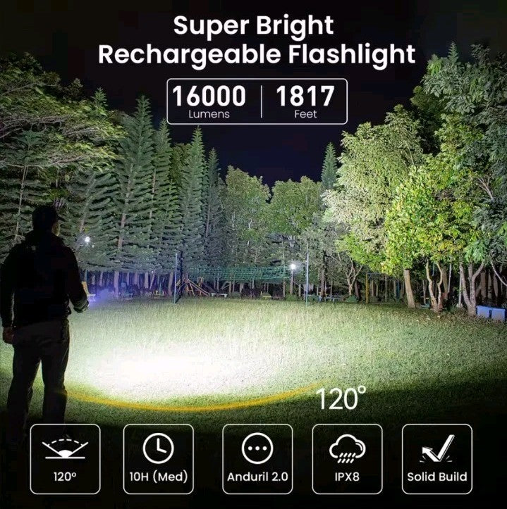 Super Bright LED Flashlight 16000lm Rechargeable USB-C Outdoor Torch