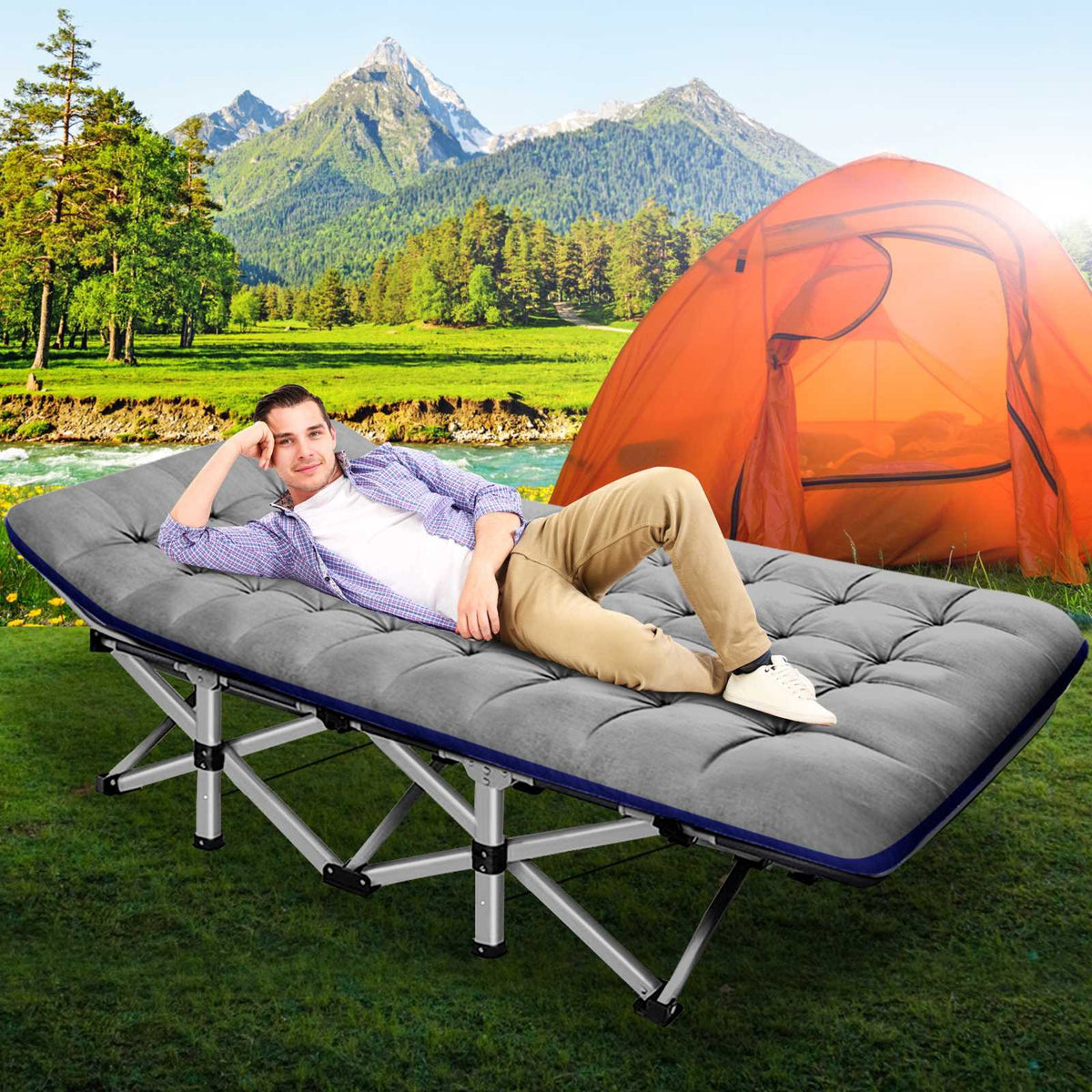 Portable Camping Cot with Foldable Design, 2-Side Mattress & Storage Bag