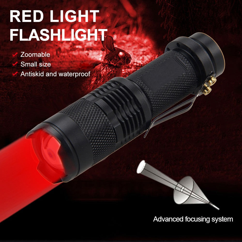 Mini Red Light LED Flashlight with Zoom, 3 Modes, Waterproof, Emergency Use