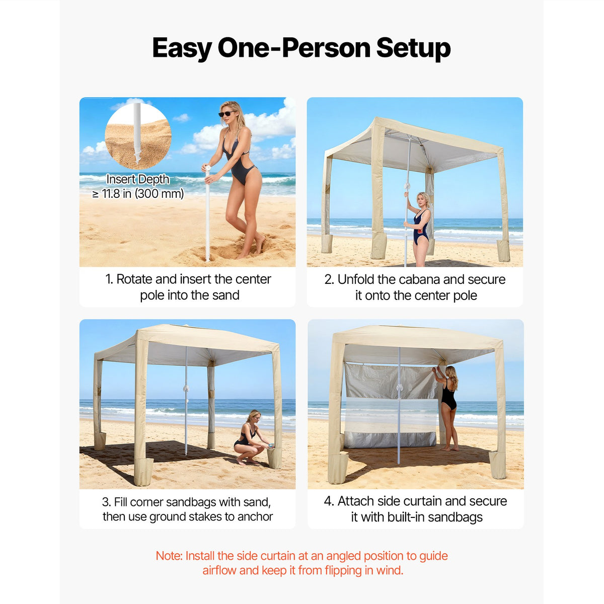 8x8 ft Beach Cabana Canopy with Side Wall and Carry Bag - UPF 50+ Sun Shelter