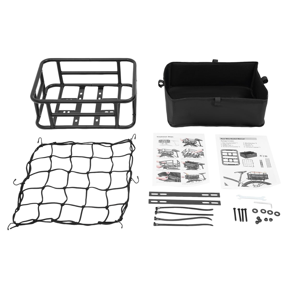 Rear Bicycle Basket with Luggage Net & Inner Liner - Black, 15L Capacity