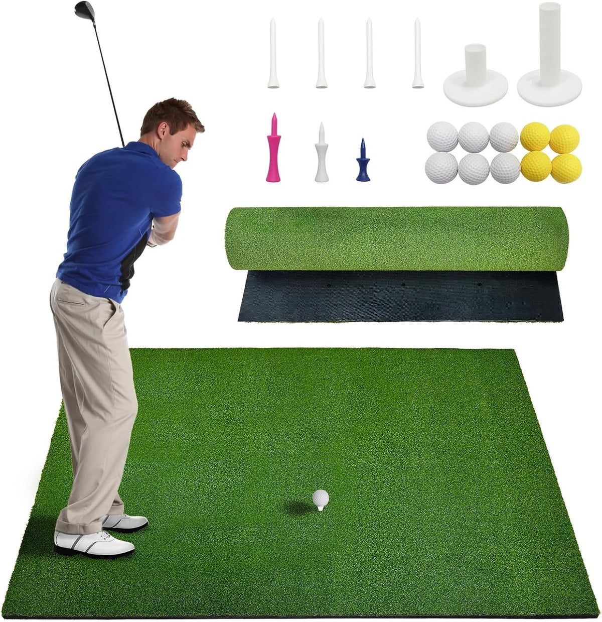 Golf Hitting Mat 5x4 ft Premium Turf for Realistic Practice with 6 Tee Slots