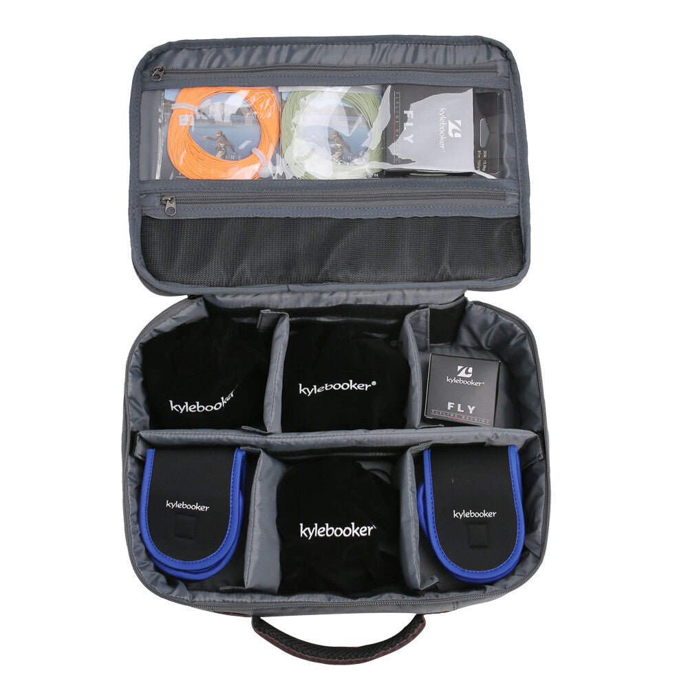 Fishing Reel Storage Case with Adjustable Compartments and Mesh Pockets