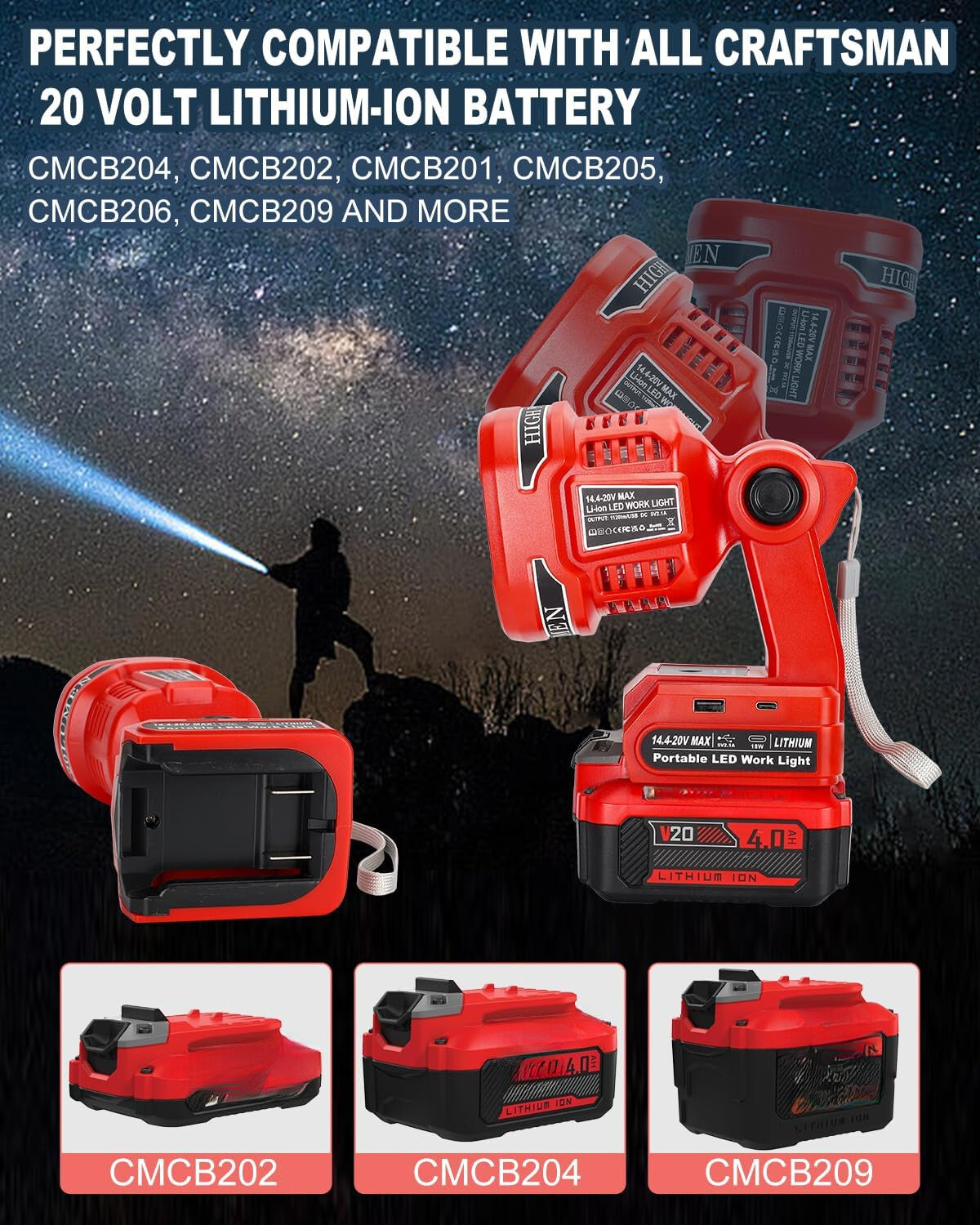 Cordless LED Work Light Spotlamp with USB Power Bank for Craftsman 20V Batteries