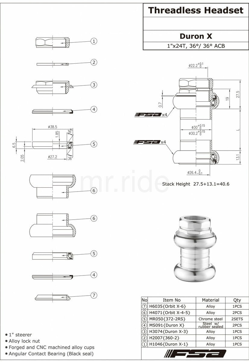 Bike Threaded Headset FSA Duron X 1 Inch Sealed Bearings with Top Cap