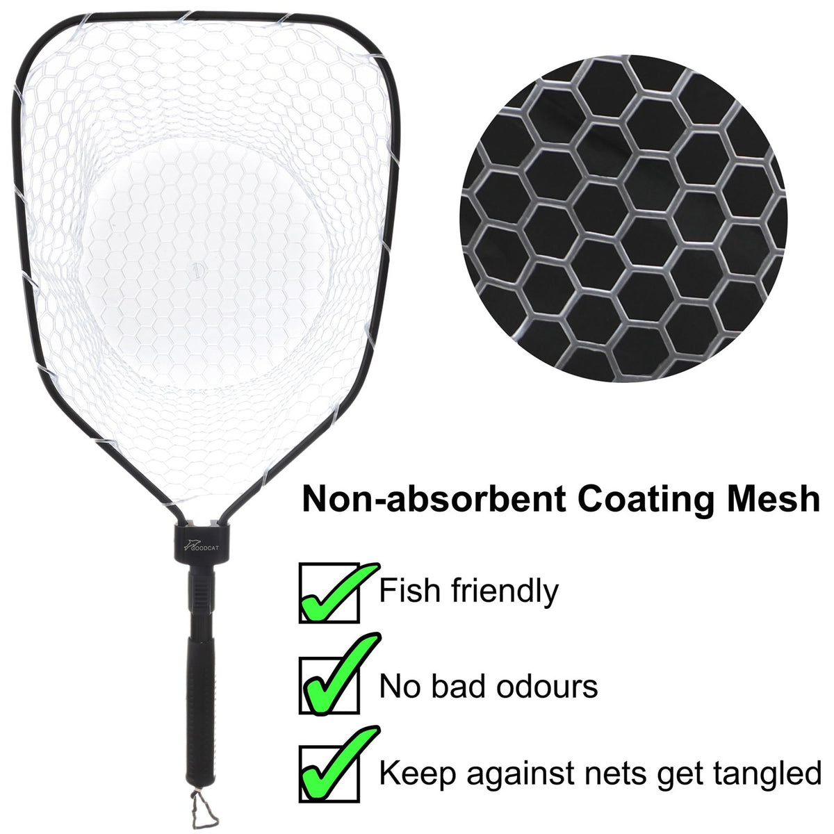 Fly Fishing Landing Net with Rubber Mesh & Magnetic Release - Bass & Trout