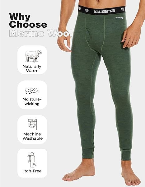 Men's Merino Wool Base Layer Pants - Thermal Long Johns for Winter