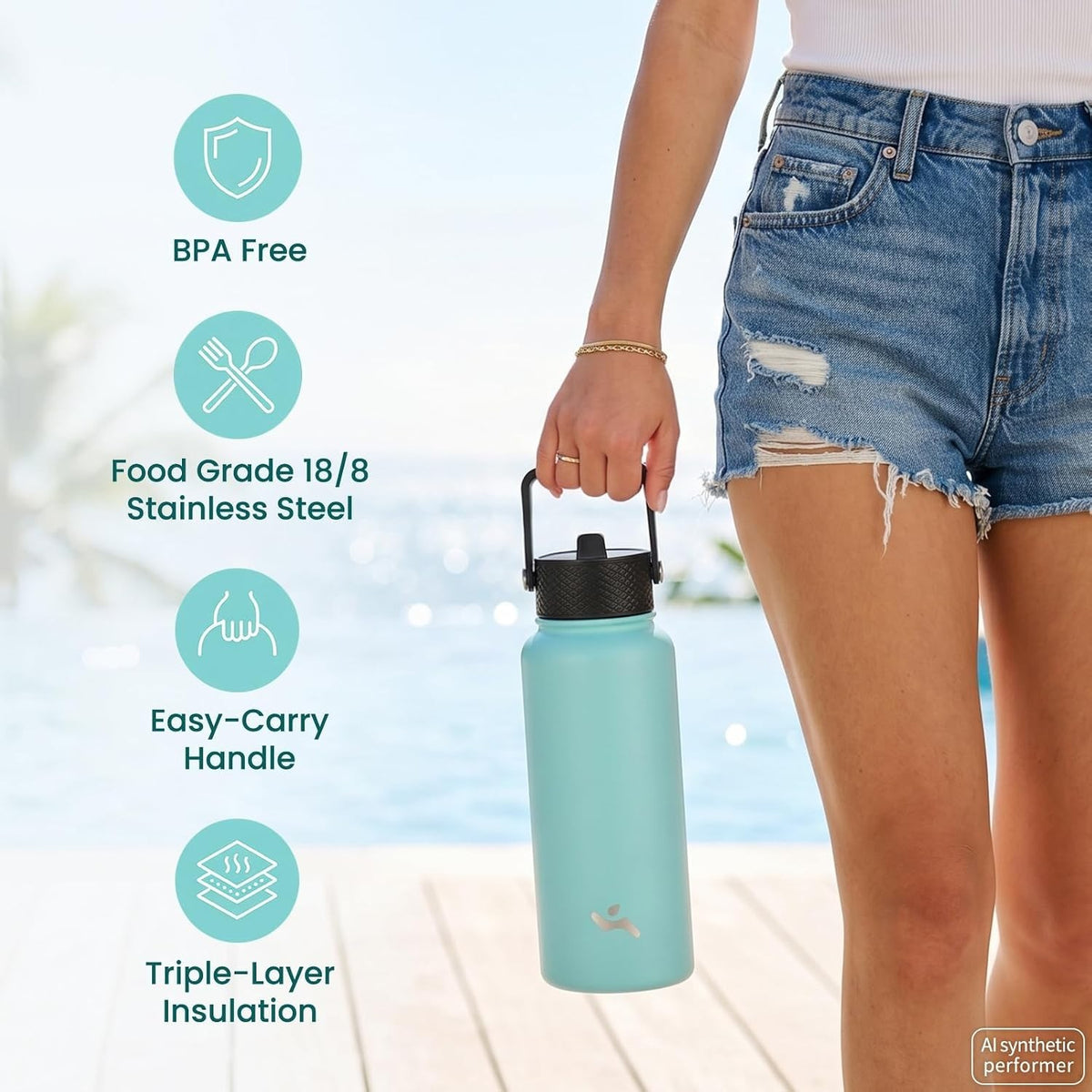 Insulated Stainless Steel Water Bottle 24 oz with Straw & Multiple Lids
