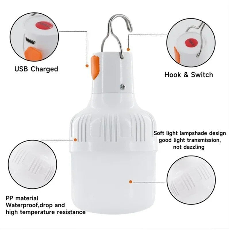60W USB Rechargeable LED Camping Lantern - Portable Emergency Light with Hook
