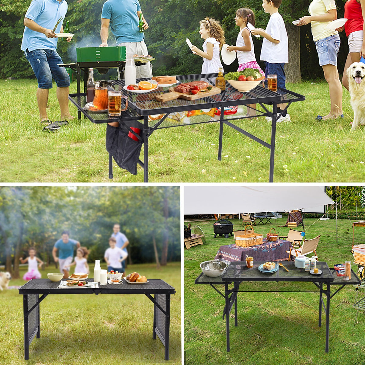 Foldable Camping & Outdoor Grill Table with Adjustable Height & Side Pockets