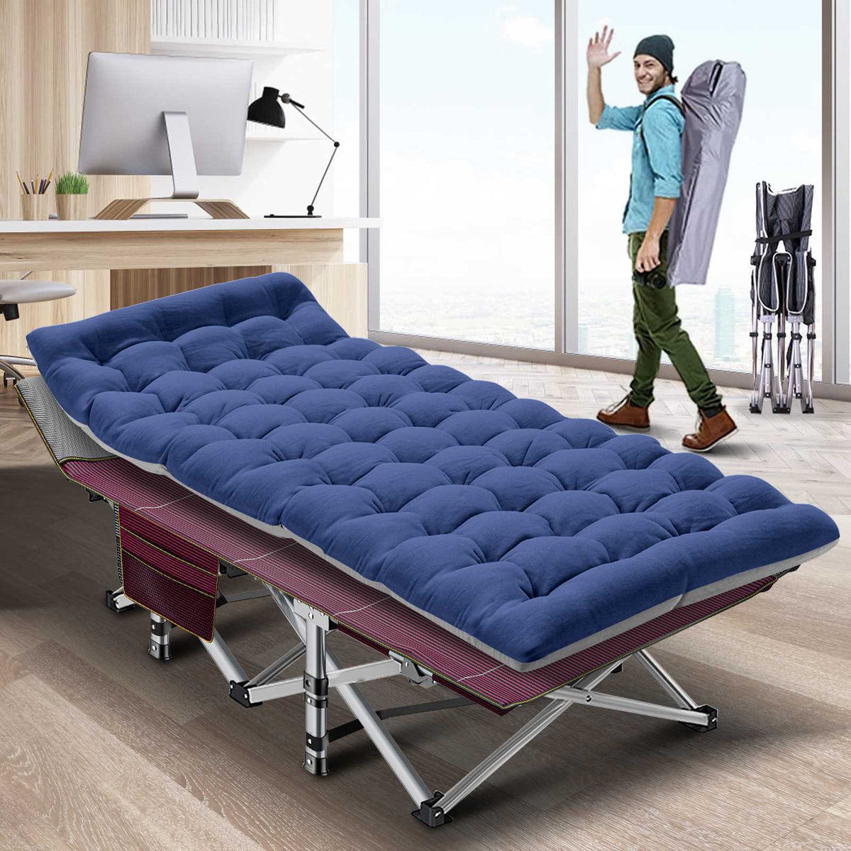 Heavy Duty Folding Camping Cot for Adults with Cotton Mat - Wide Sleep Bed