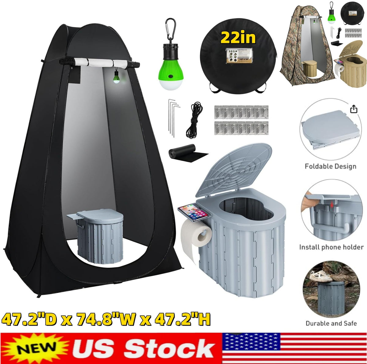Portable Camping Toilet with Pop-Up Privacy Tent Folding Camp Bathroom