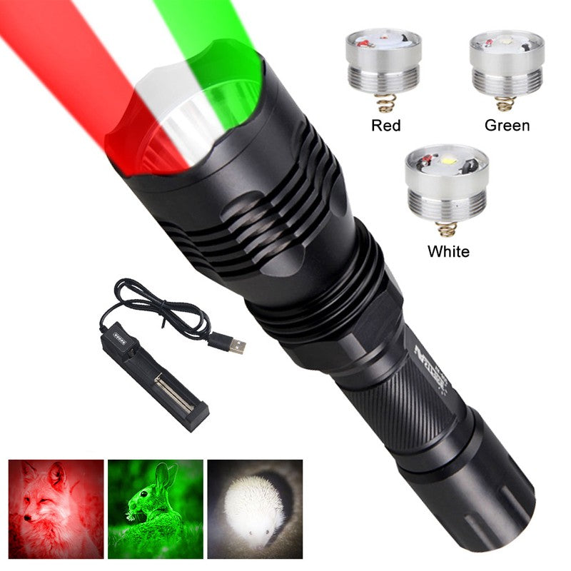 3-Color LED Predator Hunting Flashlight with Mounts - Green, Red, White