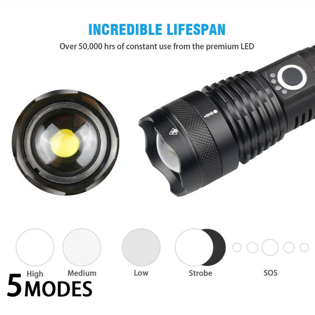 Super Bright LED Flashlight Tactical Rechargeable Work Light - 9000000 Lumens