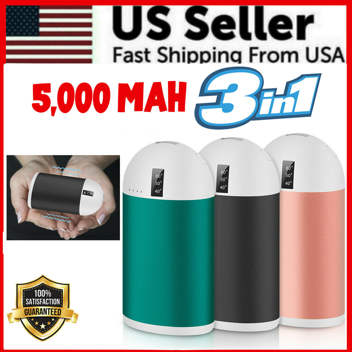 Rechargeable Hand Warmer 10000mAh USB Power Bank with Multiple Temps