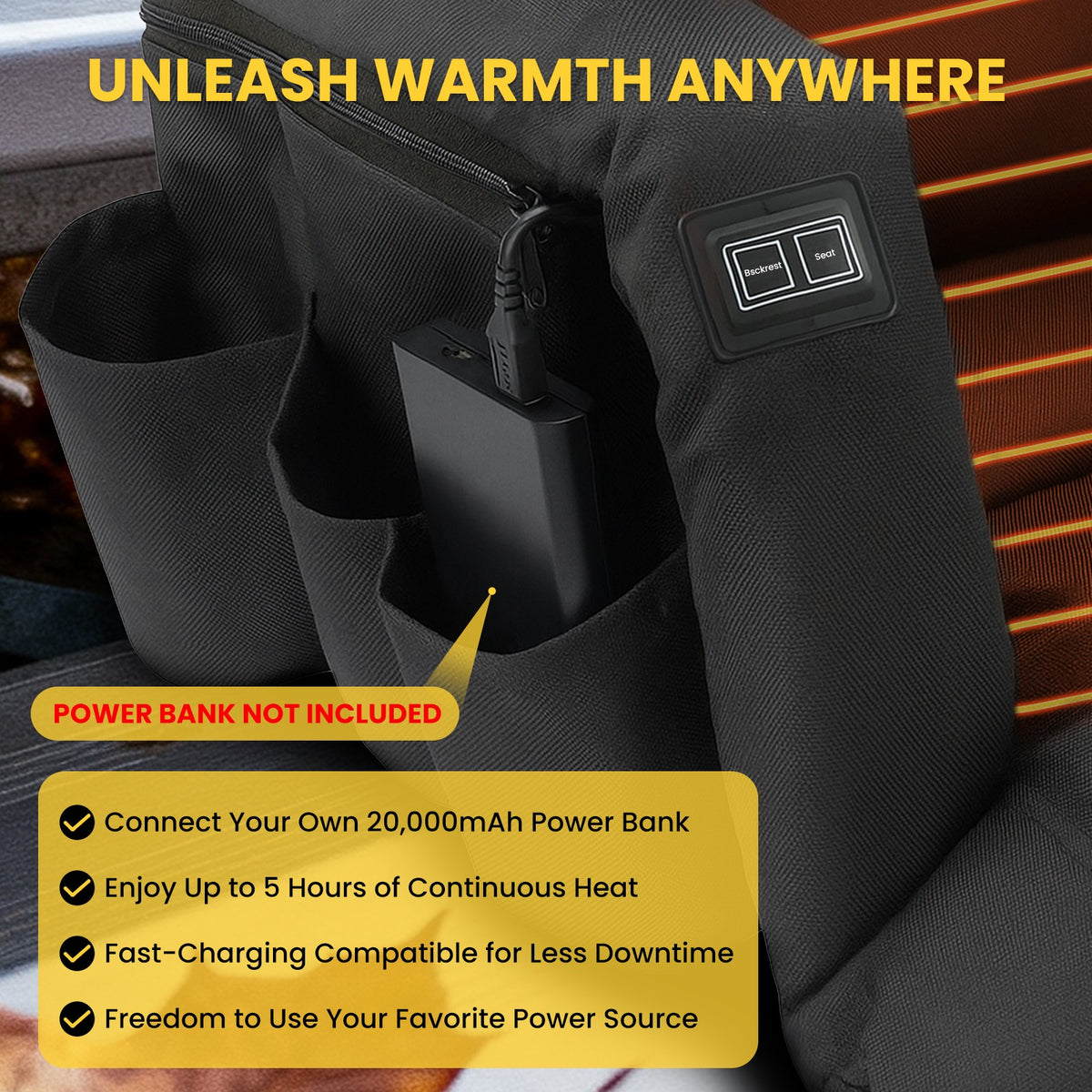Heated Stadium Seat with Back Support - Adjustable Bleacher Chair, Waterproof 600D Oxford