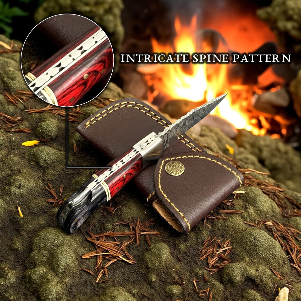 Personalized Damascus Folding Knife with Carved Blade and Leather Sheath
