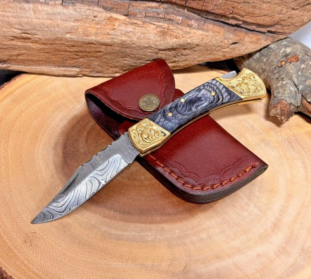 Damascus Folding Pocket Knife with Small Defects Handmade, Multiple Variants