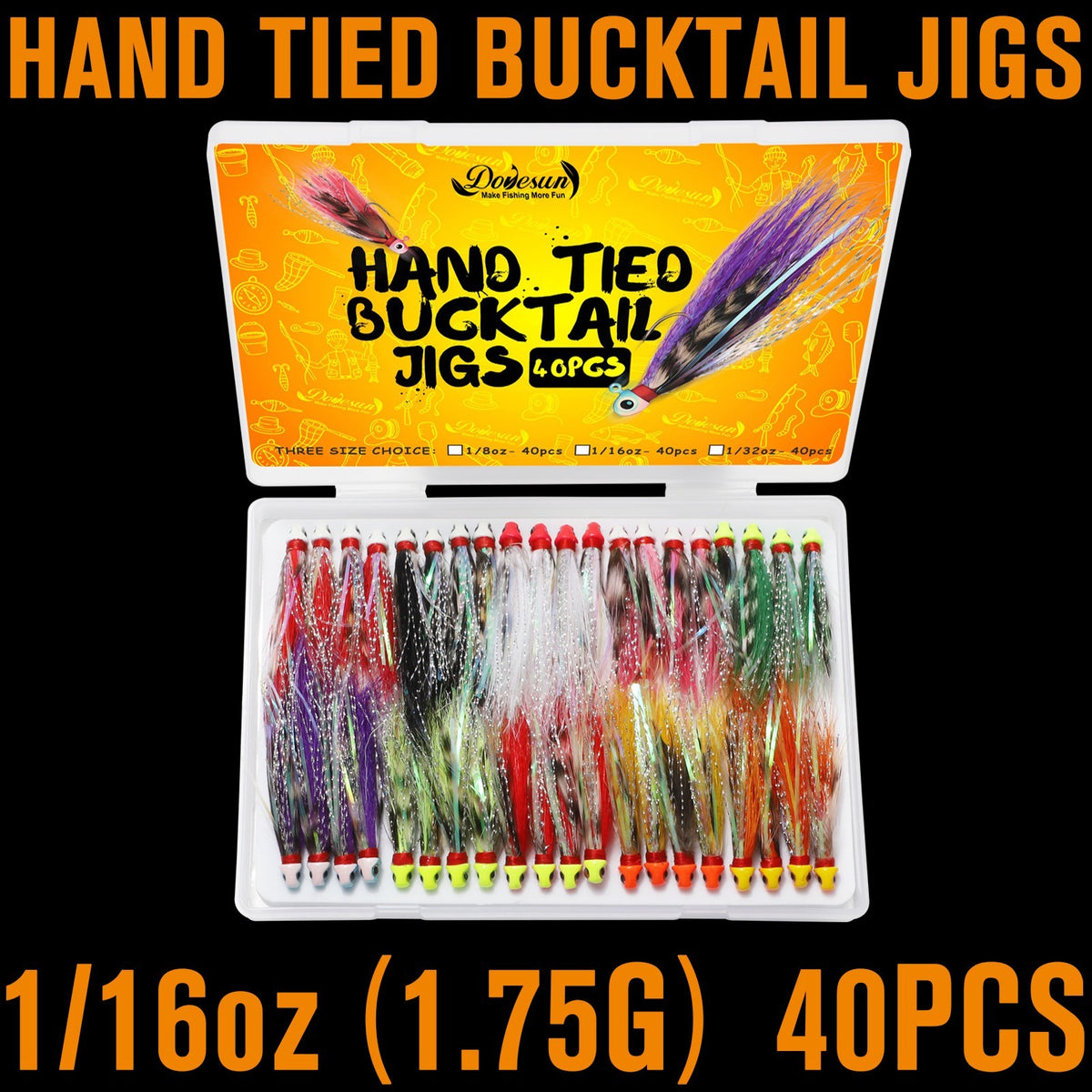40PCS Fishing Jigs Kit - Hand-Tied Crappie Bucktail Hair Lures with 3D Eyes and V-Style Hooks