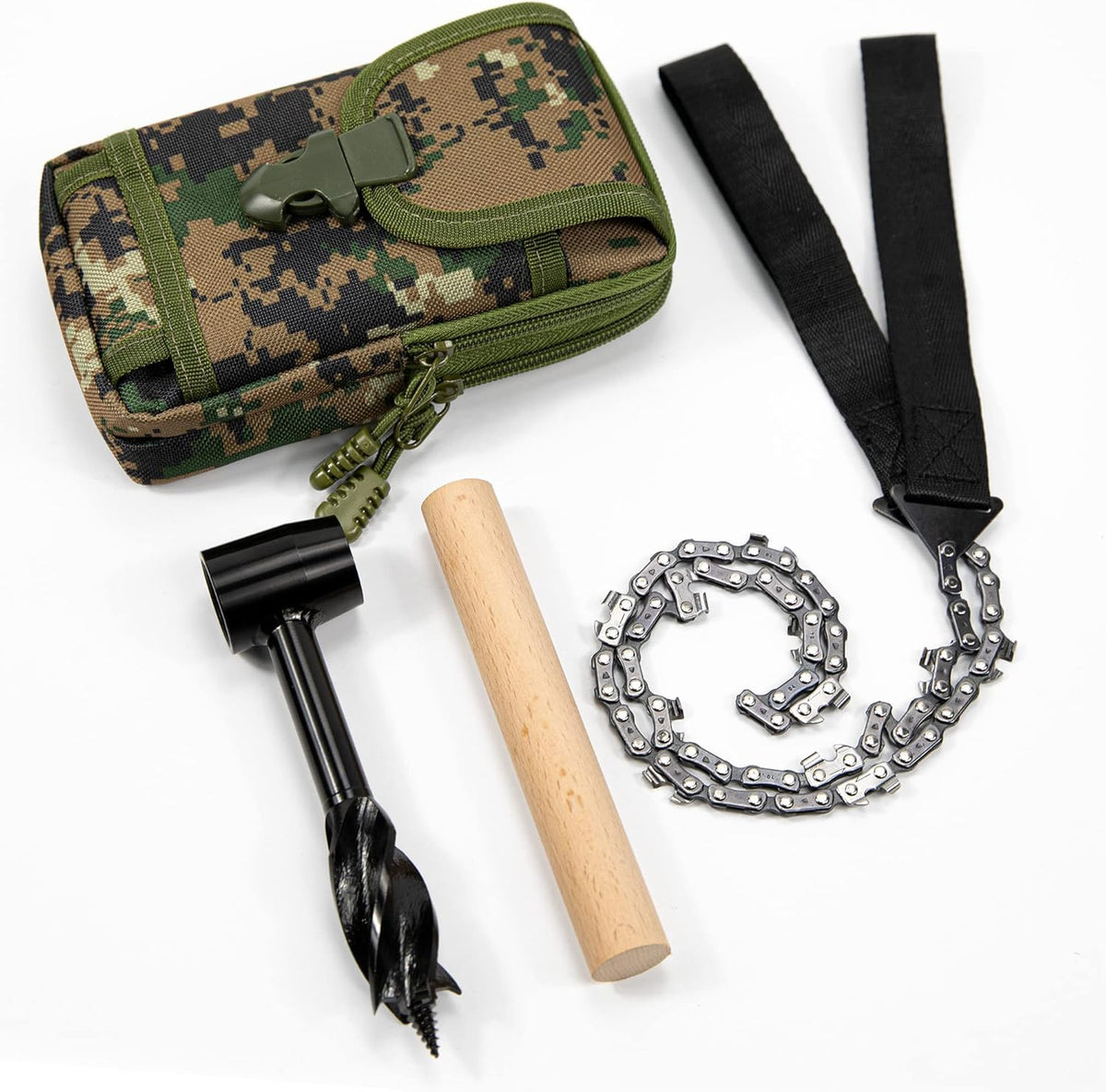 Bushcraft Survival Tool Set with Hand Auger, Chainsaw & Wrench