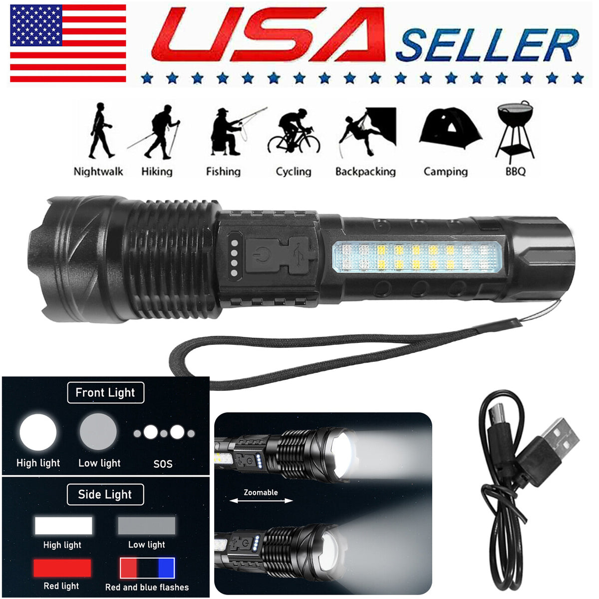 Super Bright Rechargeable LED Flashlight for Camping Hiking Outdoor