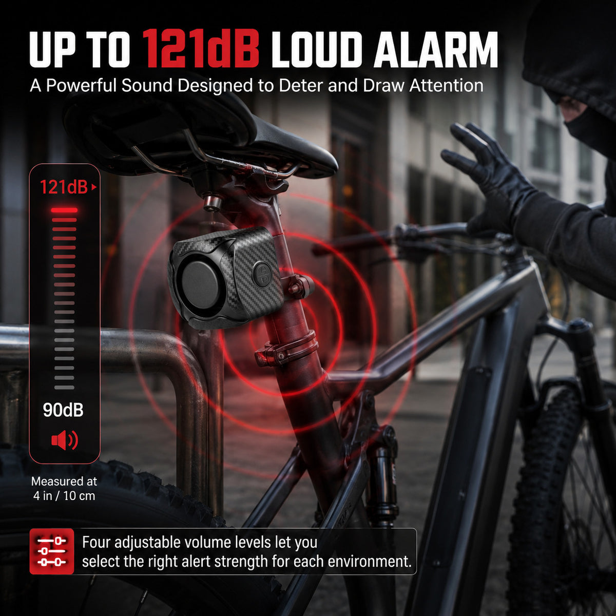 Wireless Bike Alarm with Vibrating Remote 121dB Security System IP65 Rechargeable