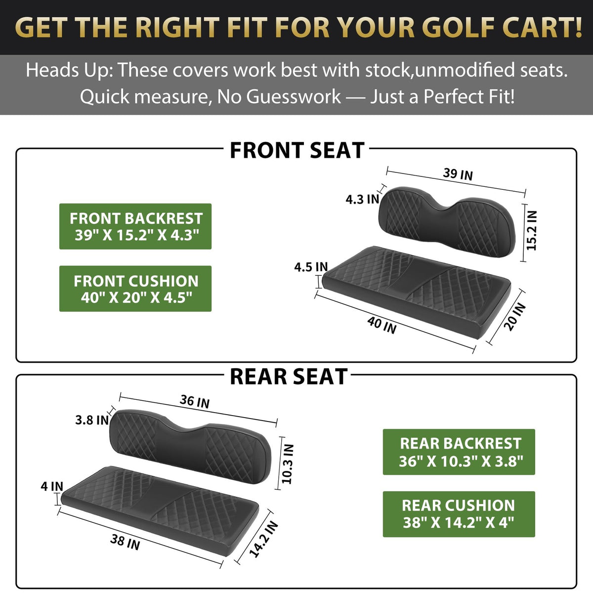 Golf Cart Seat Covers Set for Club Car Precedent Black - Easy Install, Durable PU Leather