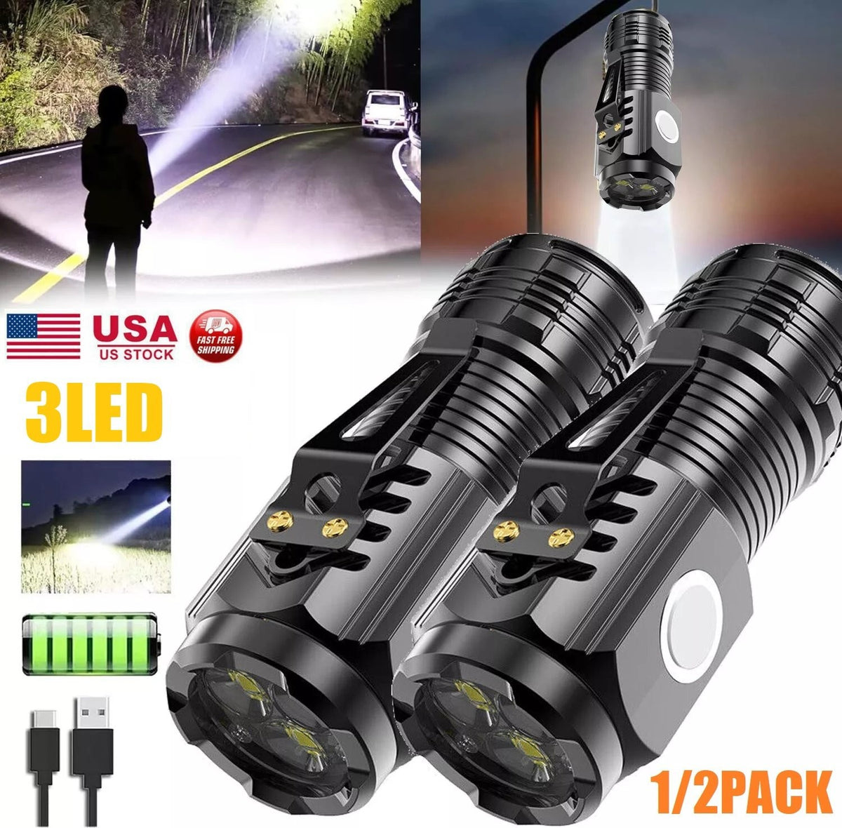 Mini USB Rechargeable LED Tactical Flashlight 5 Modes - Pack of 1 or 2