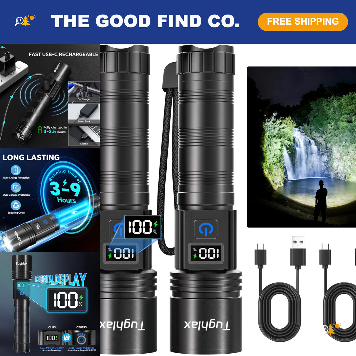 Rechargeable LED Flashlight 2 Pack Waterproof Portable with Zoom & 5 Modes