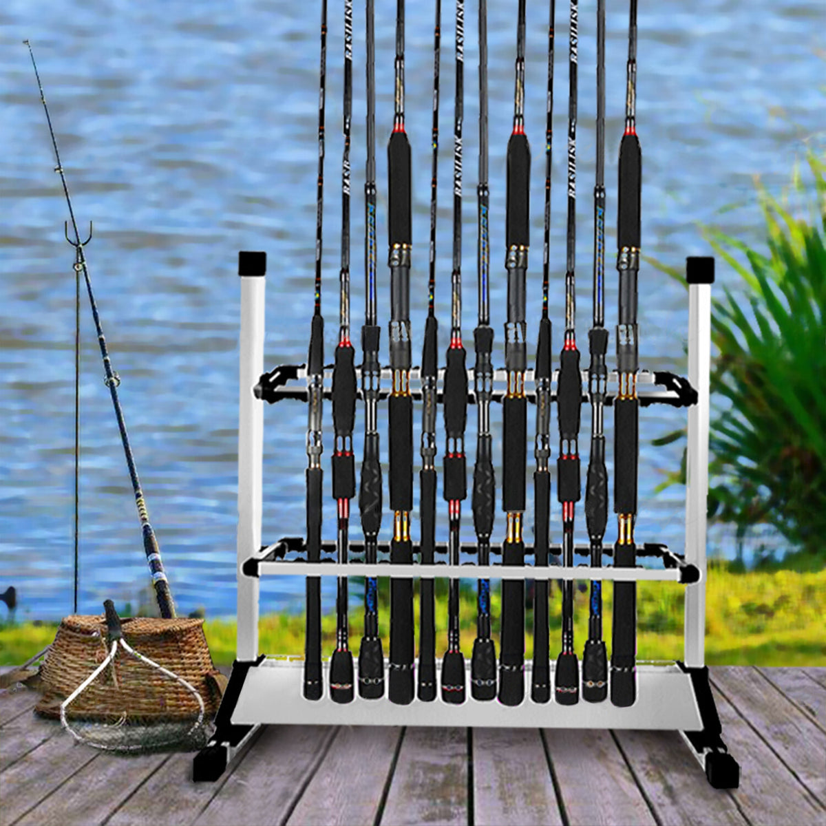24 Rod Fishing Pole Holder Aluminum Alloy Stand Rack Storage Portable