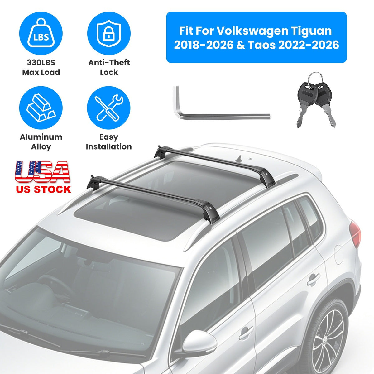 Roof Rack Cross Bars for Volkswagen Tiguan & Taos 2018-2026 - Heavy Duty Aluminum