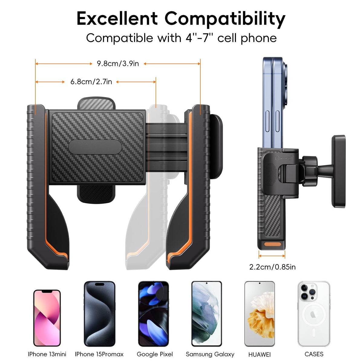Magnetic Golf Cart Phone Holder - Universal Fit for 4.5-7 Inch Smartphones, Orange & Black