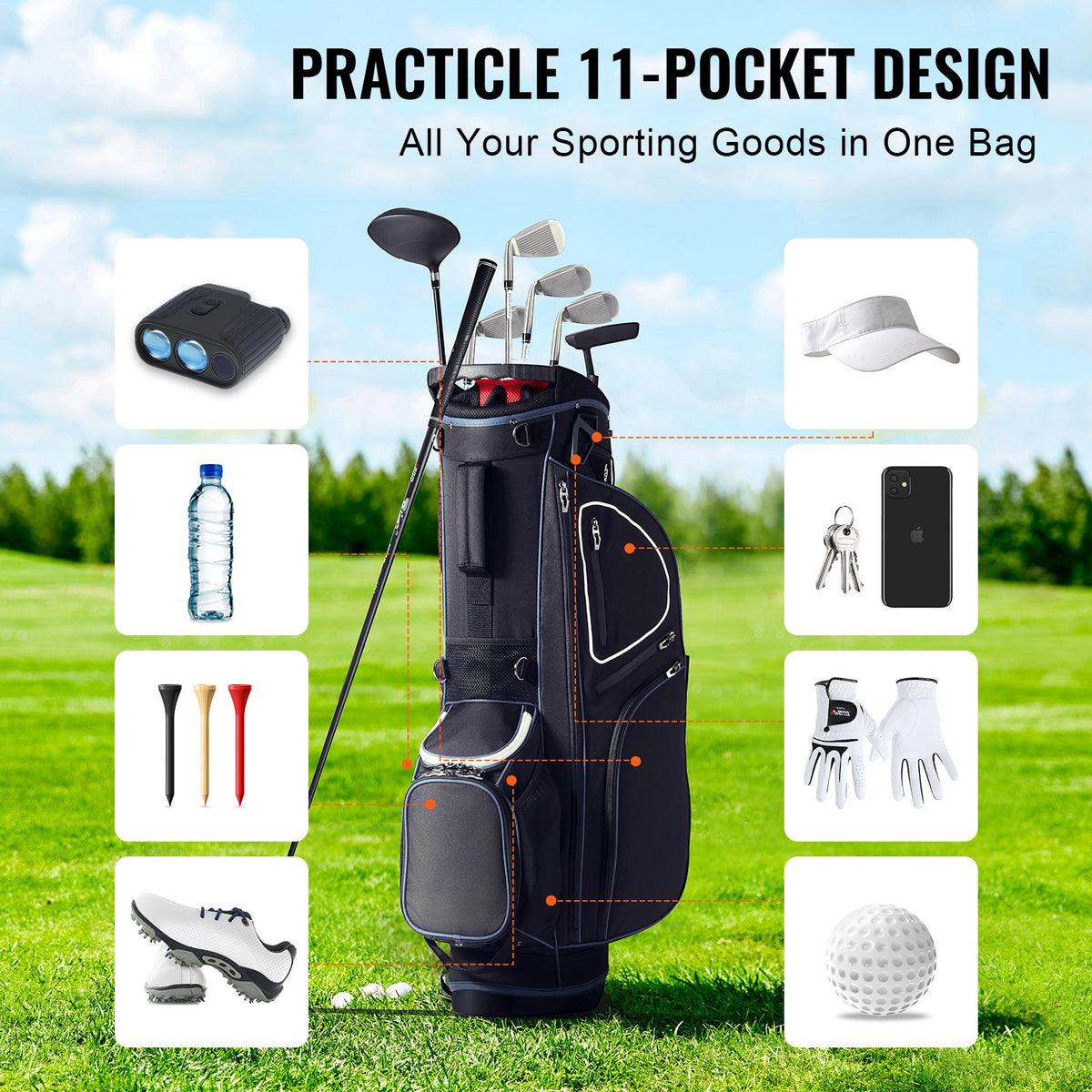 Golf Cart Bag with 14-Way Organizer and Multiple Pockets - Waterproof, Black & White