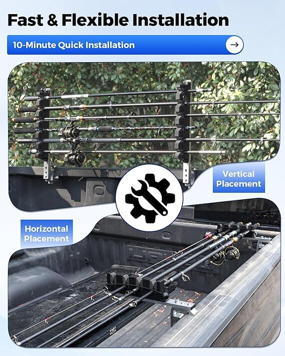 Heavy-Duty Aluminum 6-Rod Truck Bed Fishing Rod Rack Mount Vertical & Horizontal