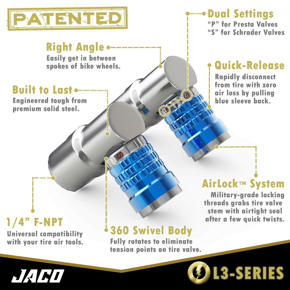 Bike Tire Air Chuck with Presta & Schrader Valves - 2 Pack, 90° Swivel