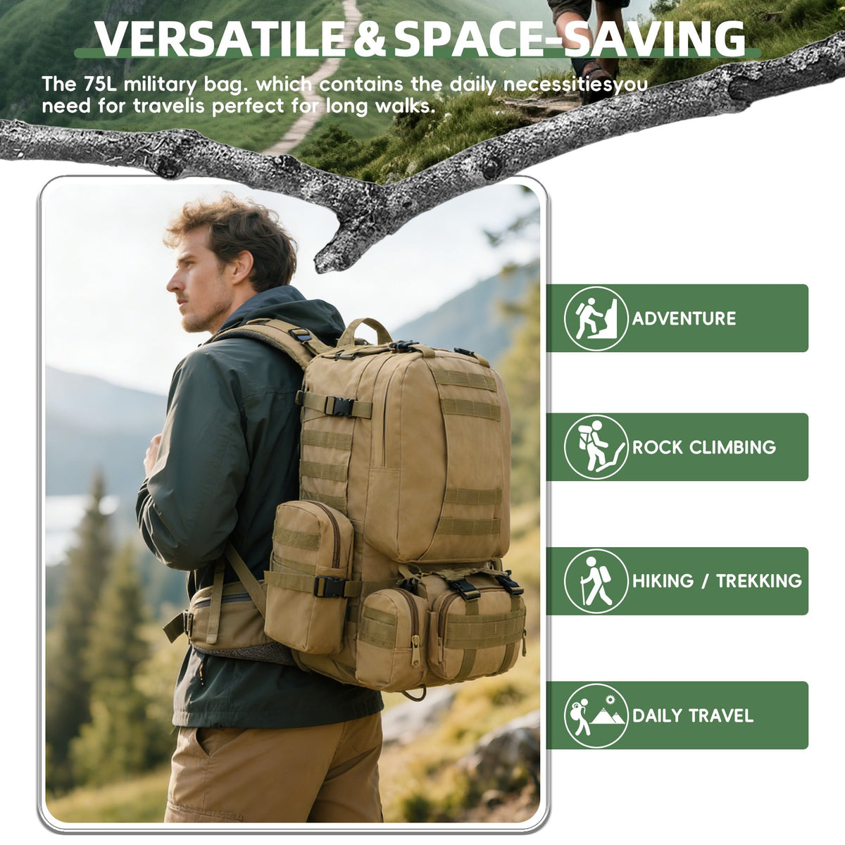 75L Waterproof Military Tactical Backpack for Camping Hiking Men