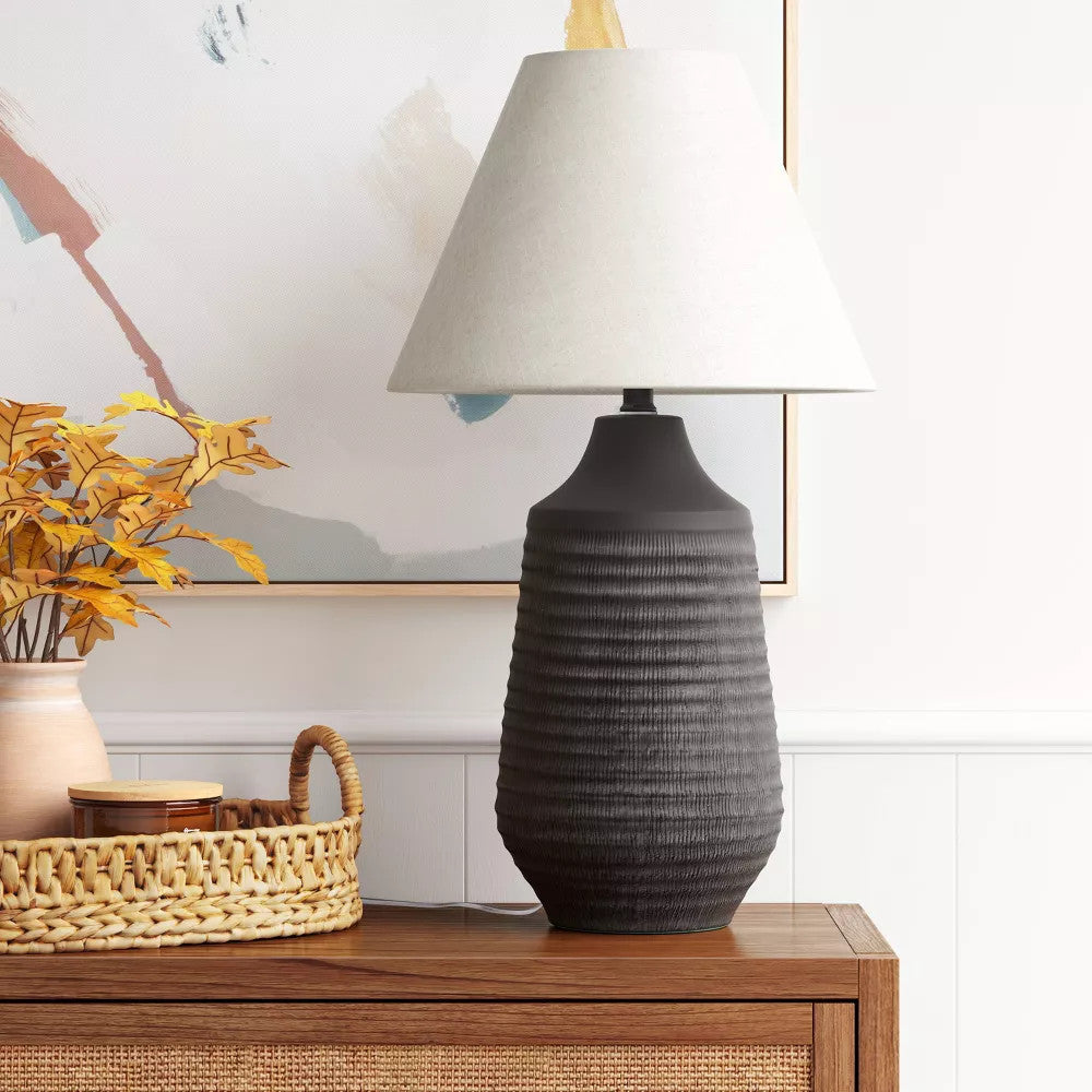 Large Black Textured Ceramic Lamp Base - 19x8.5 Inches, Fits Large Shades