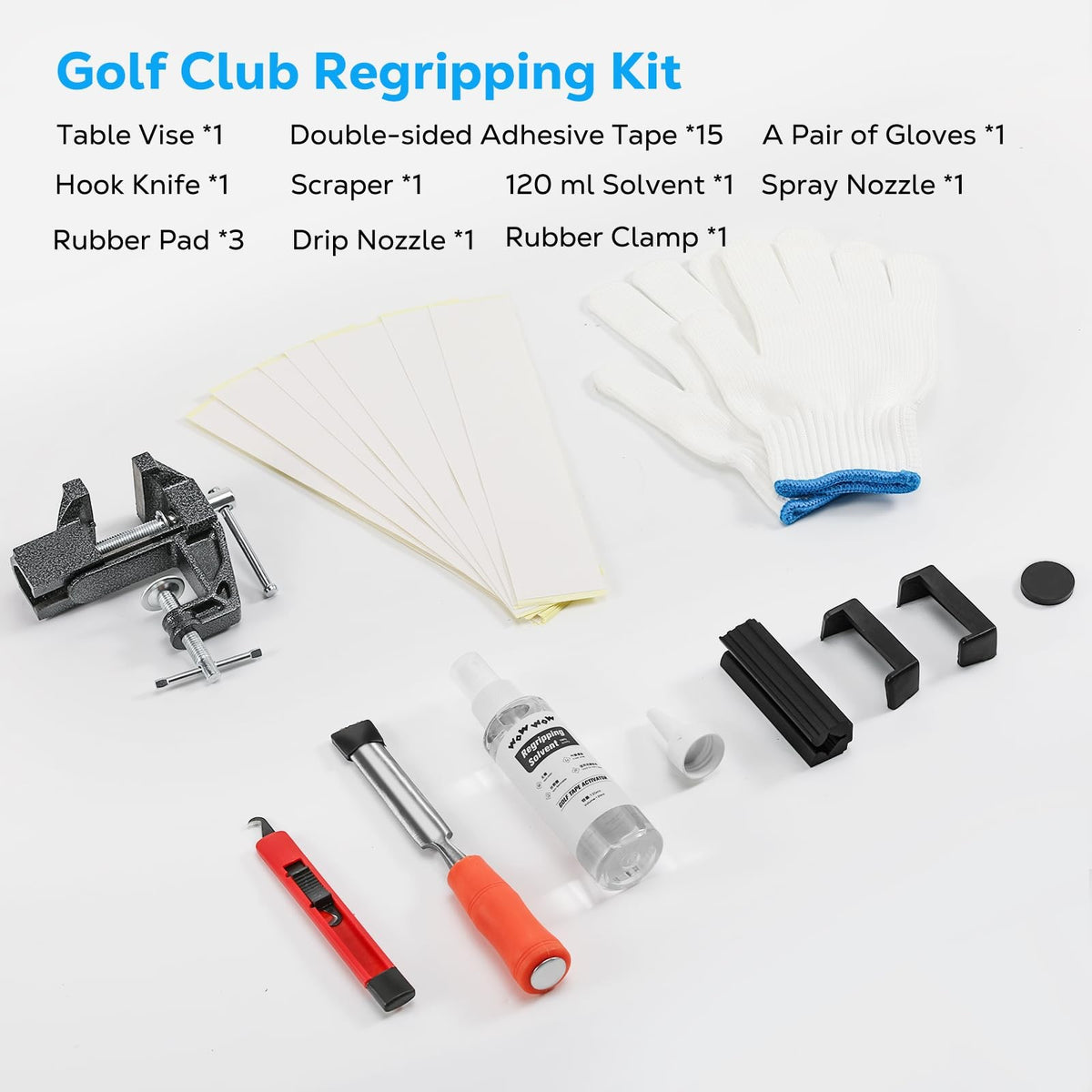 Golf Club Regripping Kit with Vise, Tape, Solvent & Tools - Black